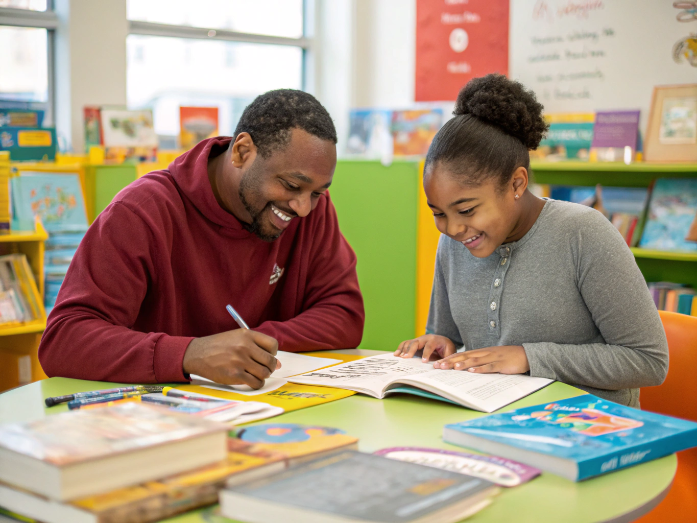 Volunteer tutor reading with a young student