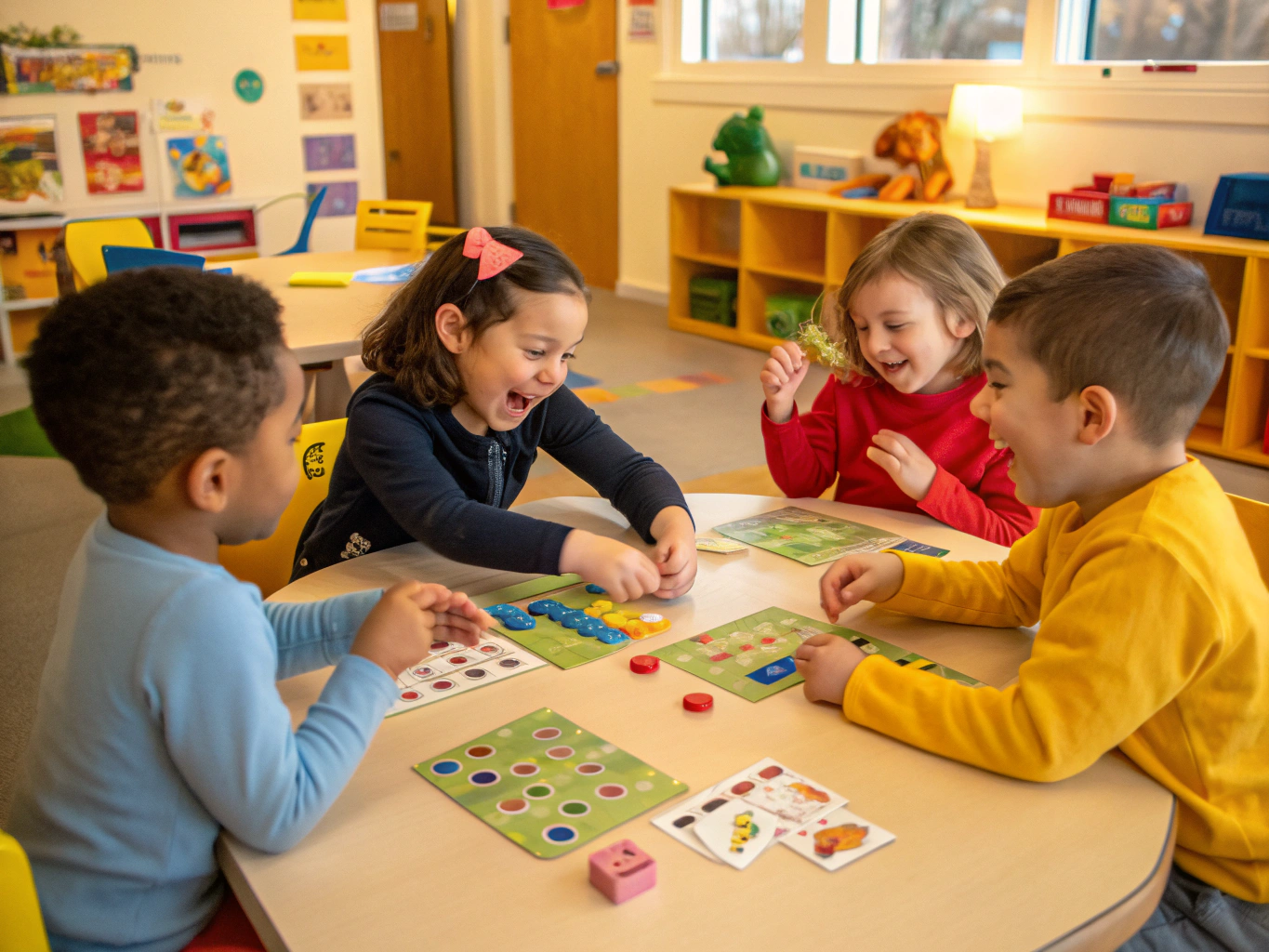 Children engaging with letter blocks and phonics cards