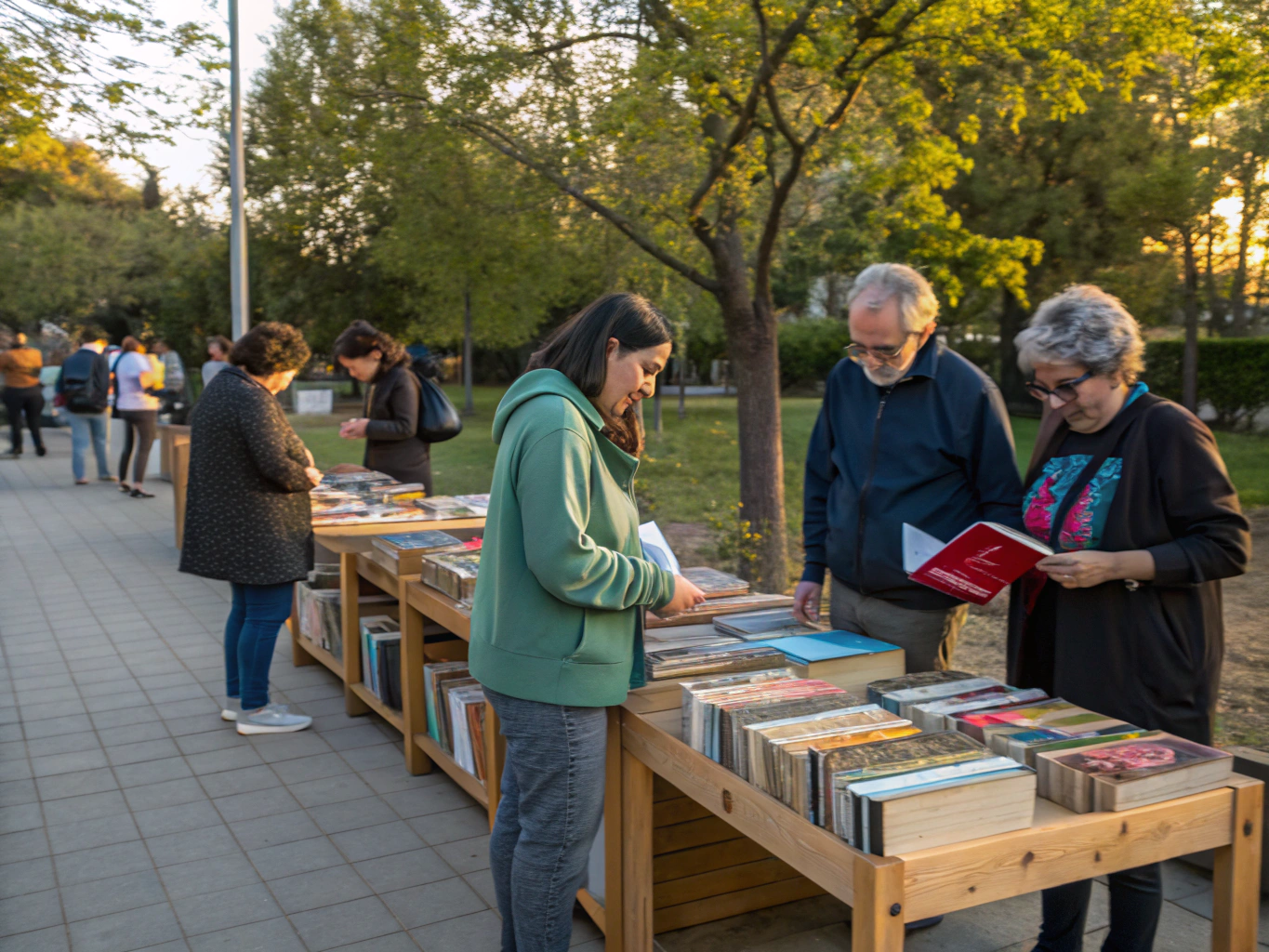 Family selecting books at a community distribution event