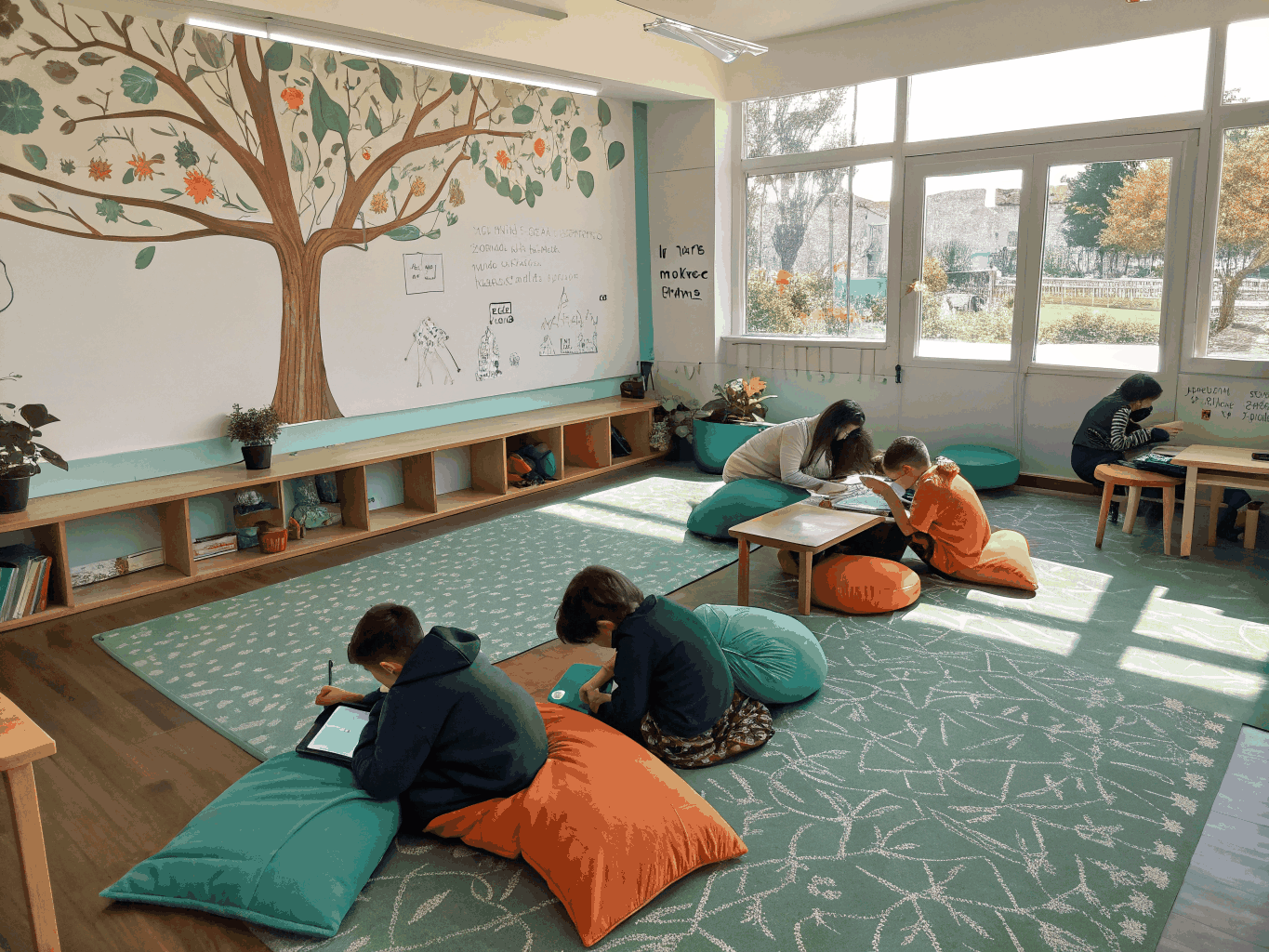 Students discussing a book in a small group setting