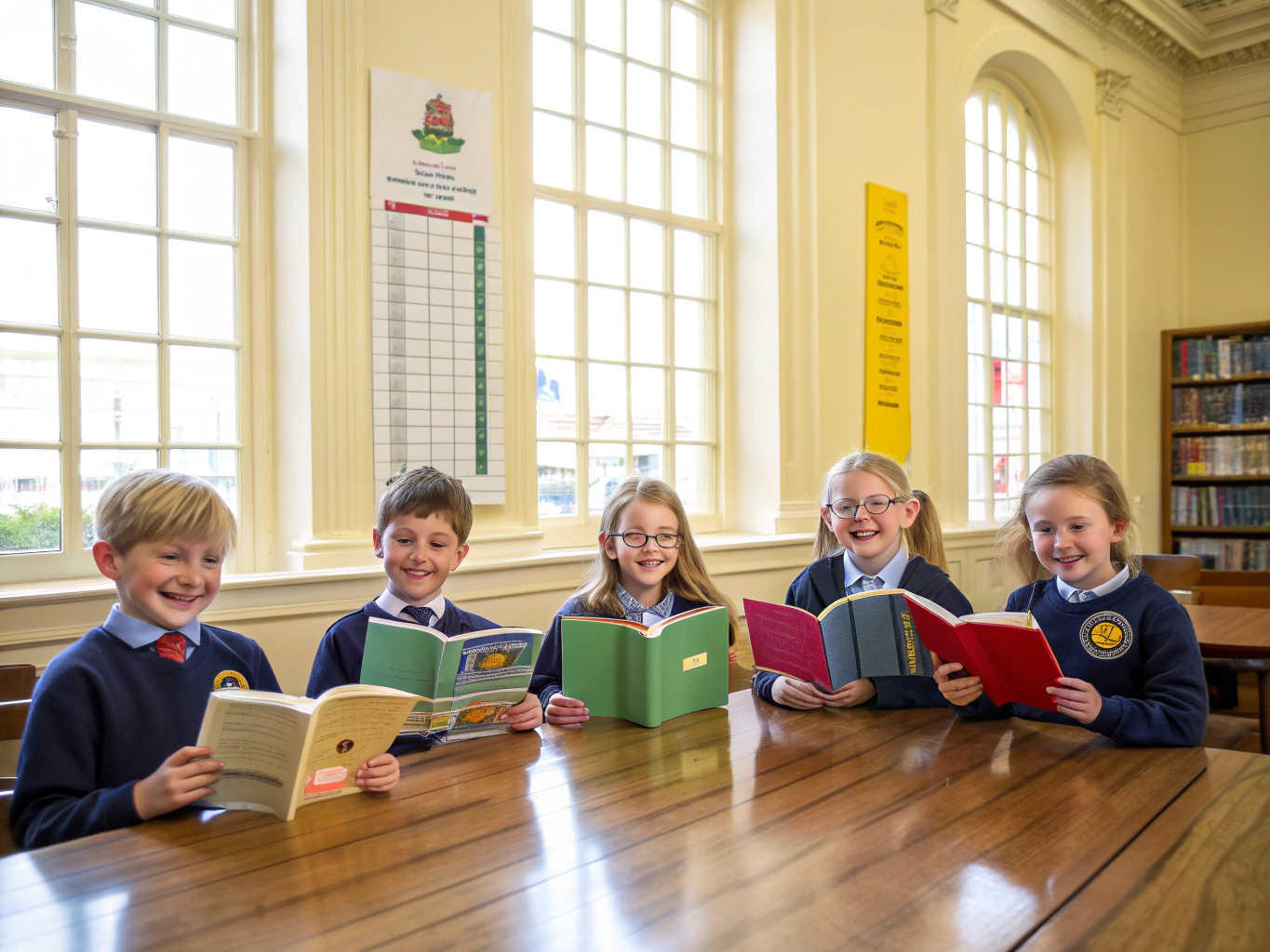 Children reading books together in a bright community library setting